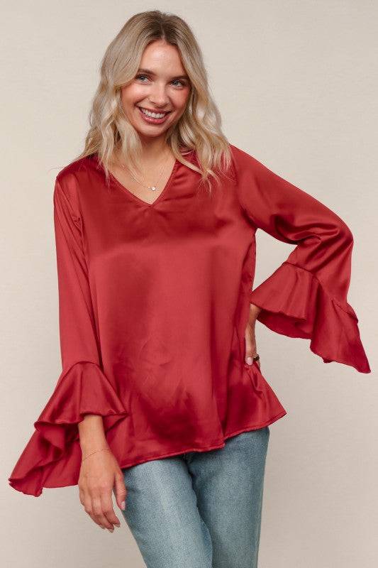 Solid Satin Hi-Low Ruffle Sleeve Blouse