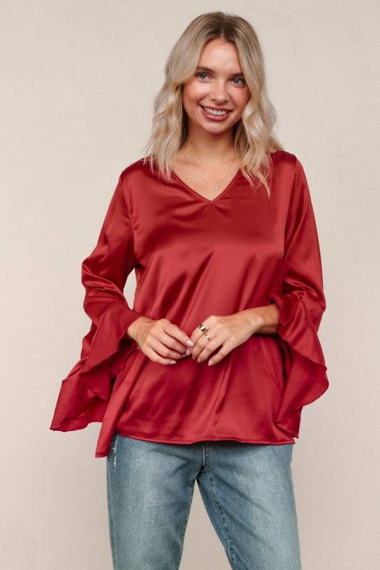 Solid Satin Hi-Low Ruffle Sleeve Blouse