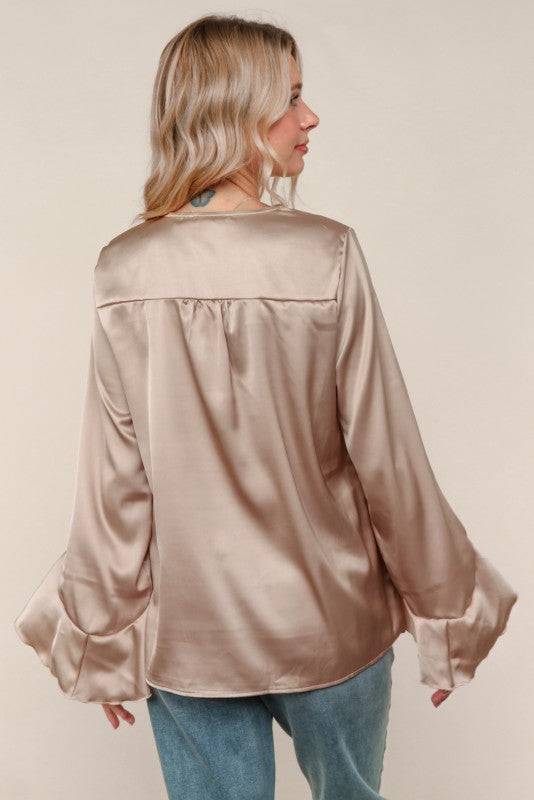 Solid Satin Hi-Low Ruffle Sleeve Blouse