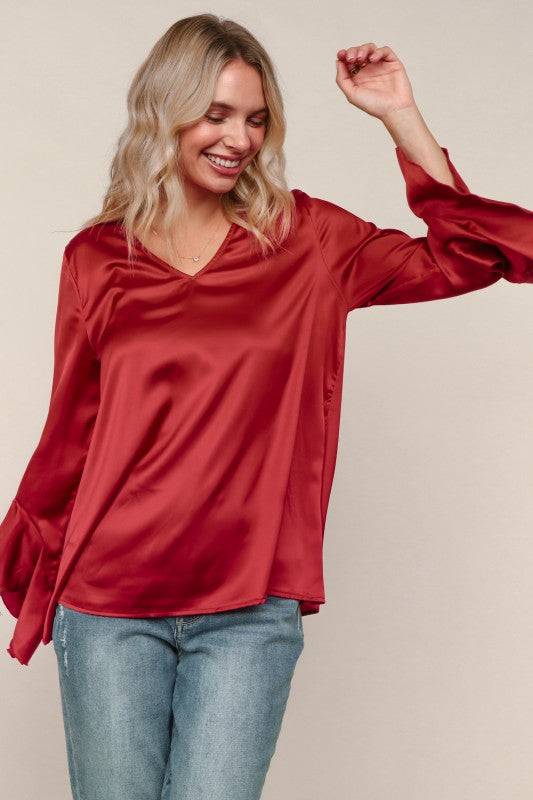 Solid Satin Hi-Low Ruffle Sleeve Blouse