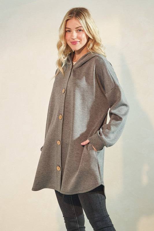 Solid Modal Scuba Hoodie Cardigan with Puff Sleeves, Button Front & Dolphin Hem