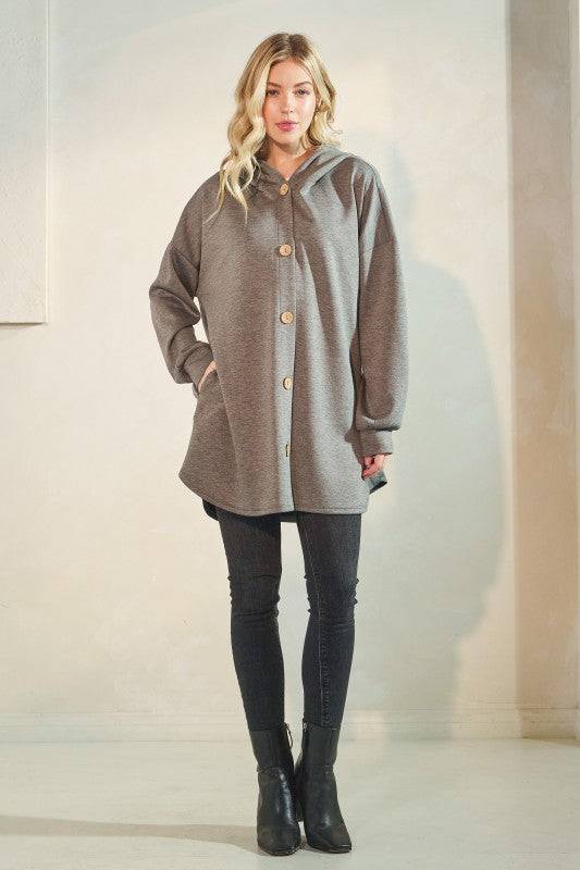 Solid Modal Scuba Hoodie Cardigan with Puff Sleeves, Button Front & Dolphin Hem