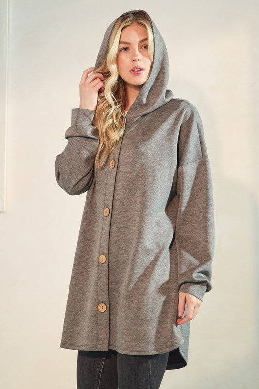 Solid Modal Scuba Hoodie Cardigan with Puff Sleeves, Button Front & Dolphin Hem