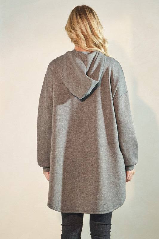 Solid Modal Scuba Hoodie Cardigan with Puff Sleeves, Button Front & Dolphin Hem