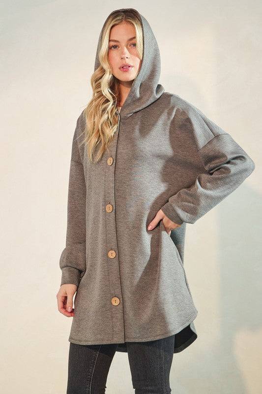 Solid Modal Scuba Hoodie Cardigan with Puff Sleeves, Button Front & Dolphin Hem