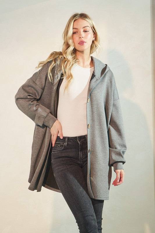 Solid Modal Scuba Hoodie Cardigan with Puff Sleeves, Button Front & Dolphin Hem