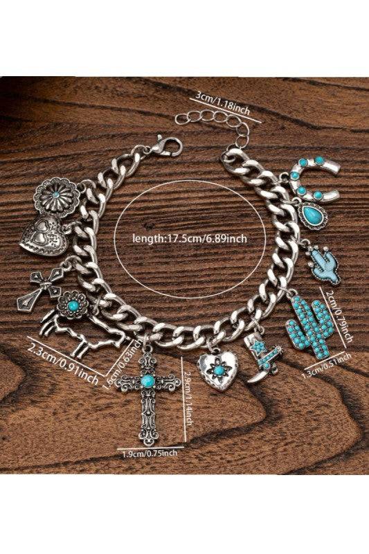 Western Turquoise Charm Bracelet – Cowboy Boot, Cactus & Cross Accents