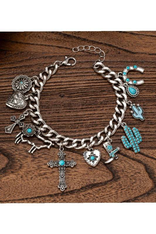 Western Turquoise Charm Bracelet – Cowboy Boot, Cactus & Cross Accents