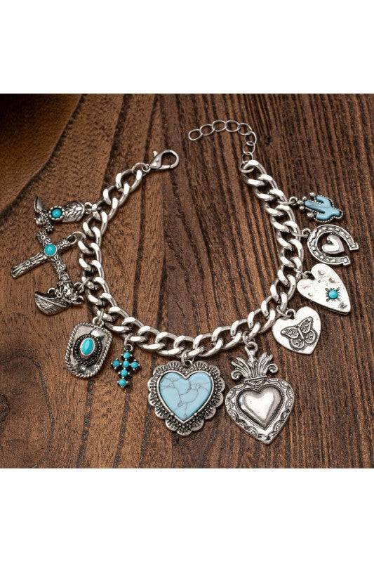 Western Turquoise Heart Charm Bracelet – Sacred Heart & Cross Accents