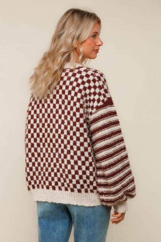 Oversize Checker Stripe Pullover Sweater Top