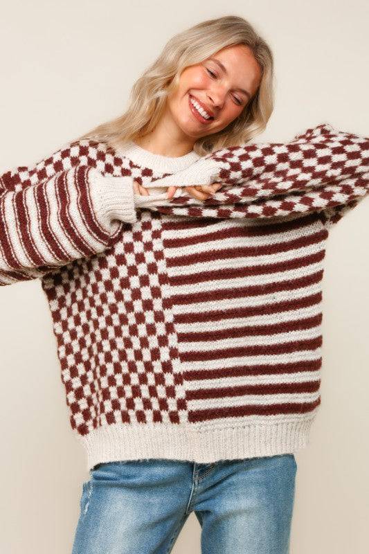 Oversize Checker Stripe Pullover Sweater Top