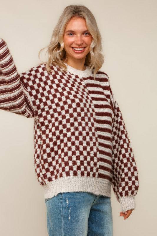 Oversize Checker Stripe Pullover Sweater Top