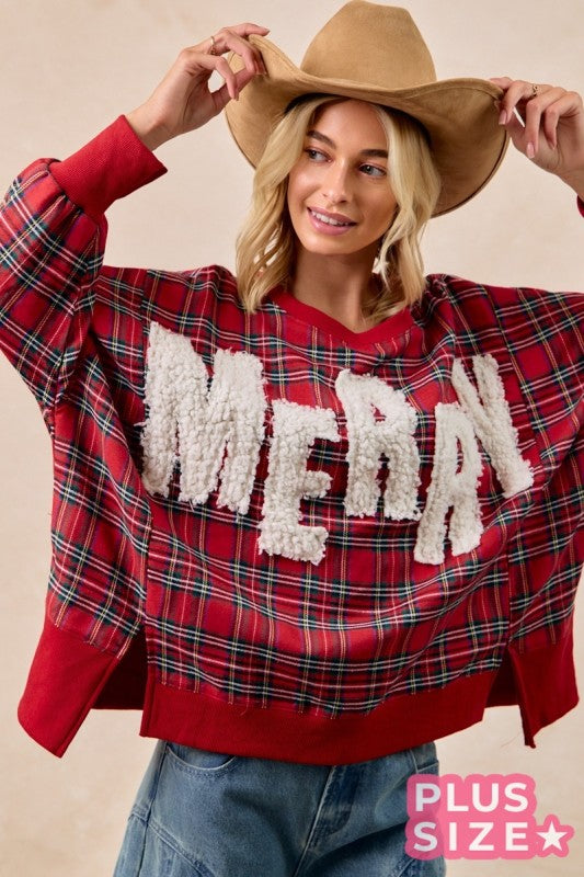 Merry Letter Patches Christmas Plaid Sweatshirt