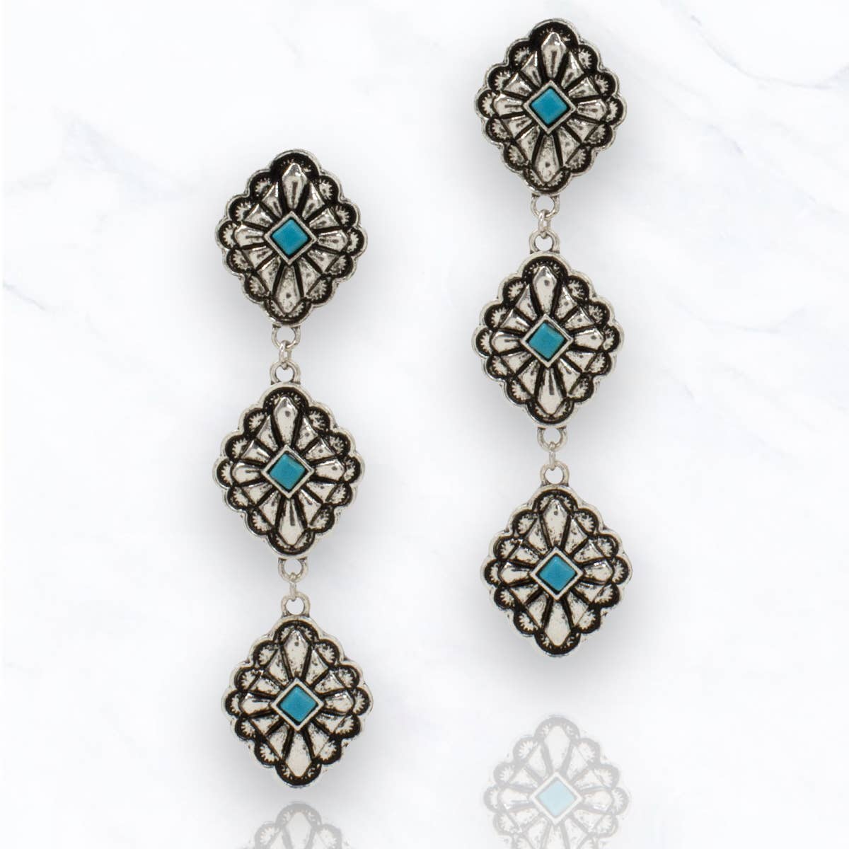 Triple Drop Western Earrings – Turquoise & Antique Silver Statement