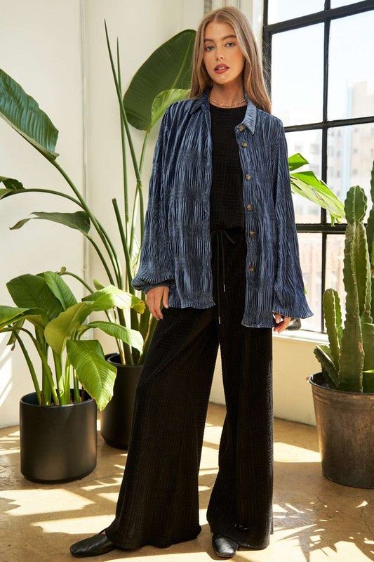 Dusty Blue Velvet Crinkle Top