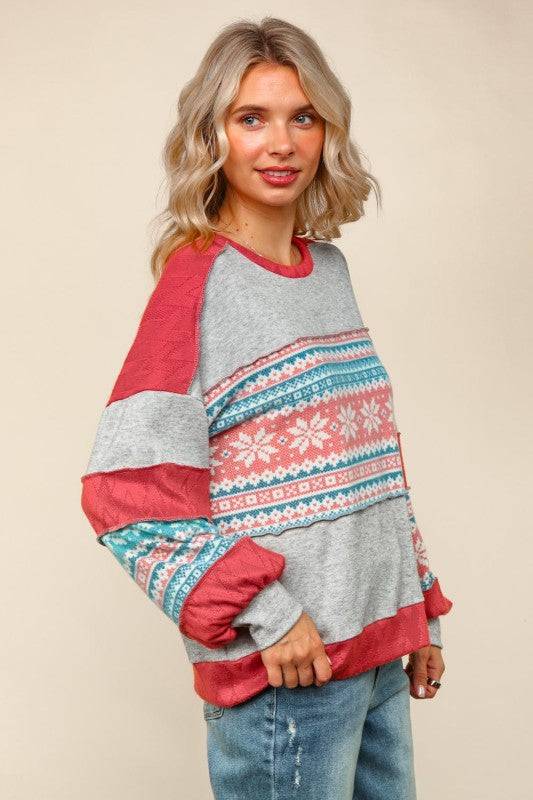 Snowflake Pattern Color Block Pullover Top