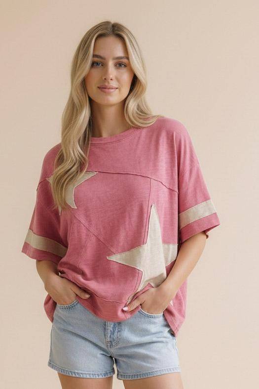 Patriotic Star Patchwork Knit Top for Casual Looks