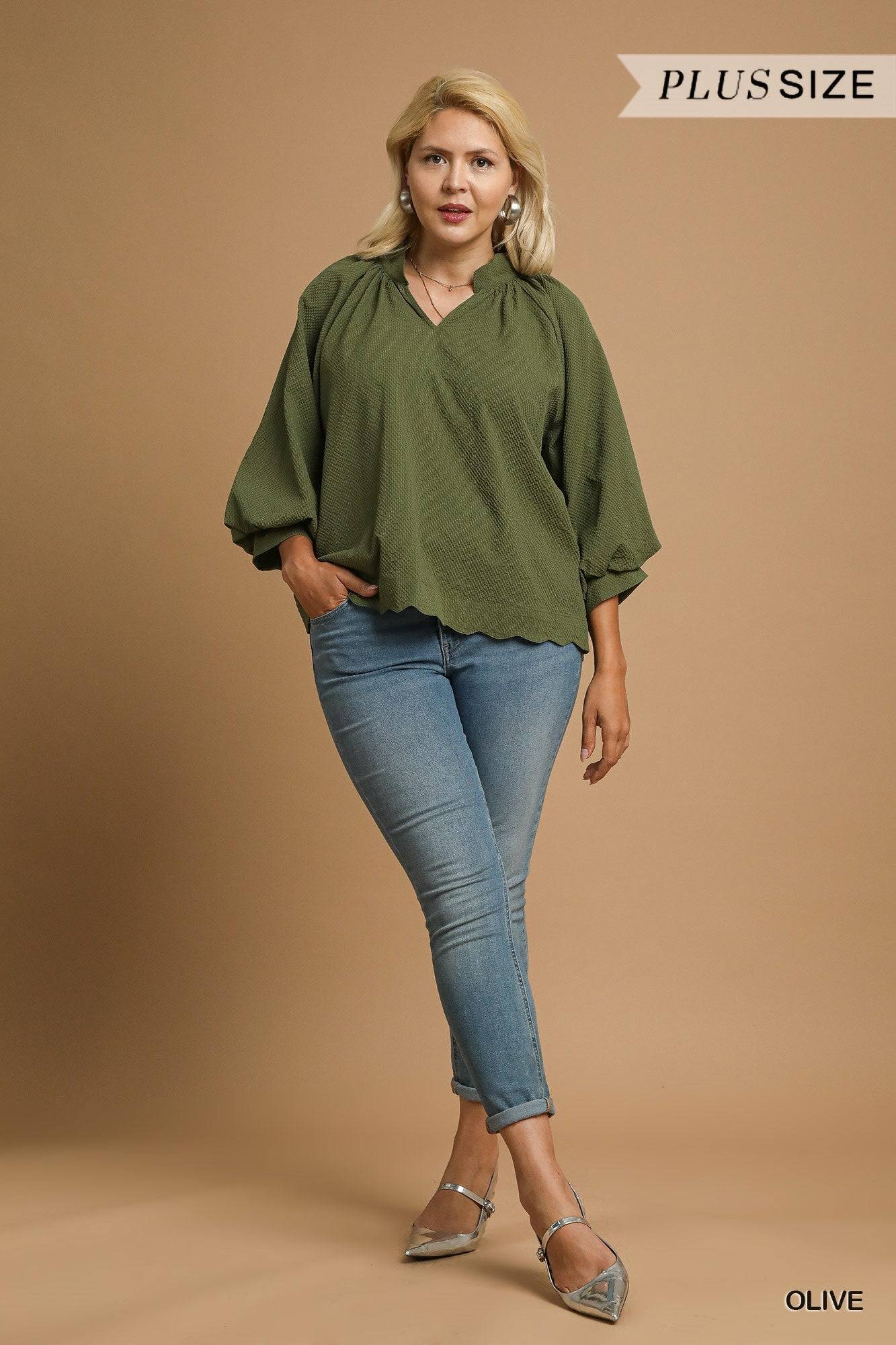 Split V Neck Textured Top with 3/4 Balloon Sleeves & Scalloped Hem