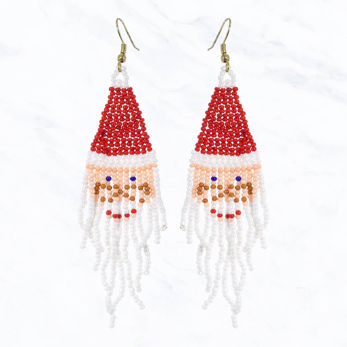 Santa Seed Bead Tassel Dangle Earrings - Christmas Holiday Jewelry