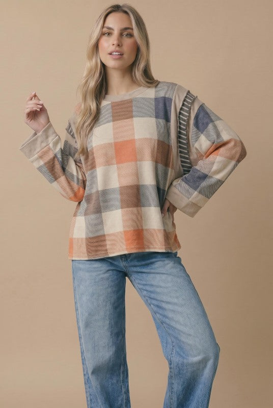 Plaid Colorblock Pullover Knit Top