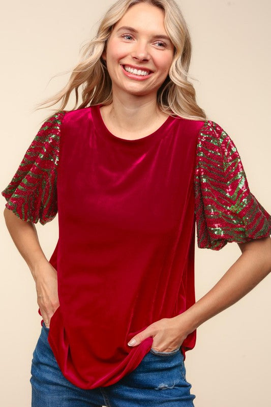 Red velvet top with sequin bubble sleeves, front view