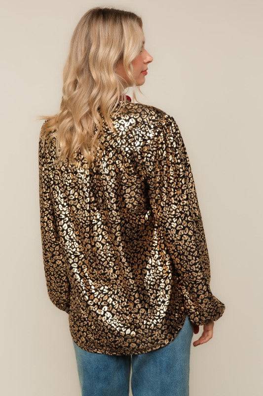 Cheetah Foil Print Long Sleeve Blouse Top