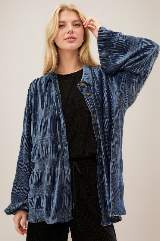 Dusty Blue Velvet Crinkle Top
