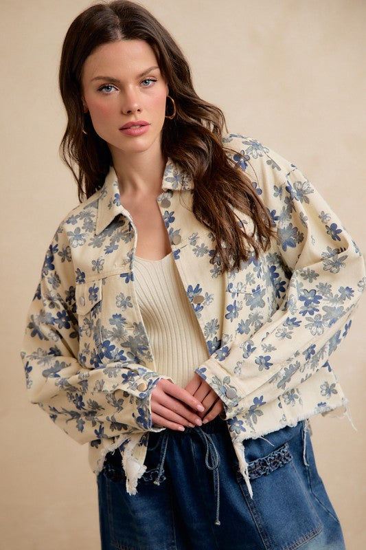 Floral Cropped Washed Denim Jacket