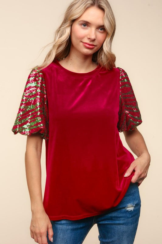 Velvet sequin sleeve top in red, front view