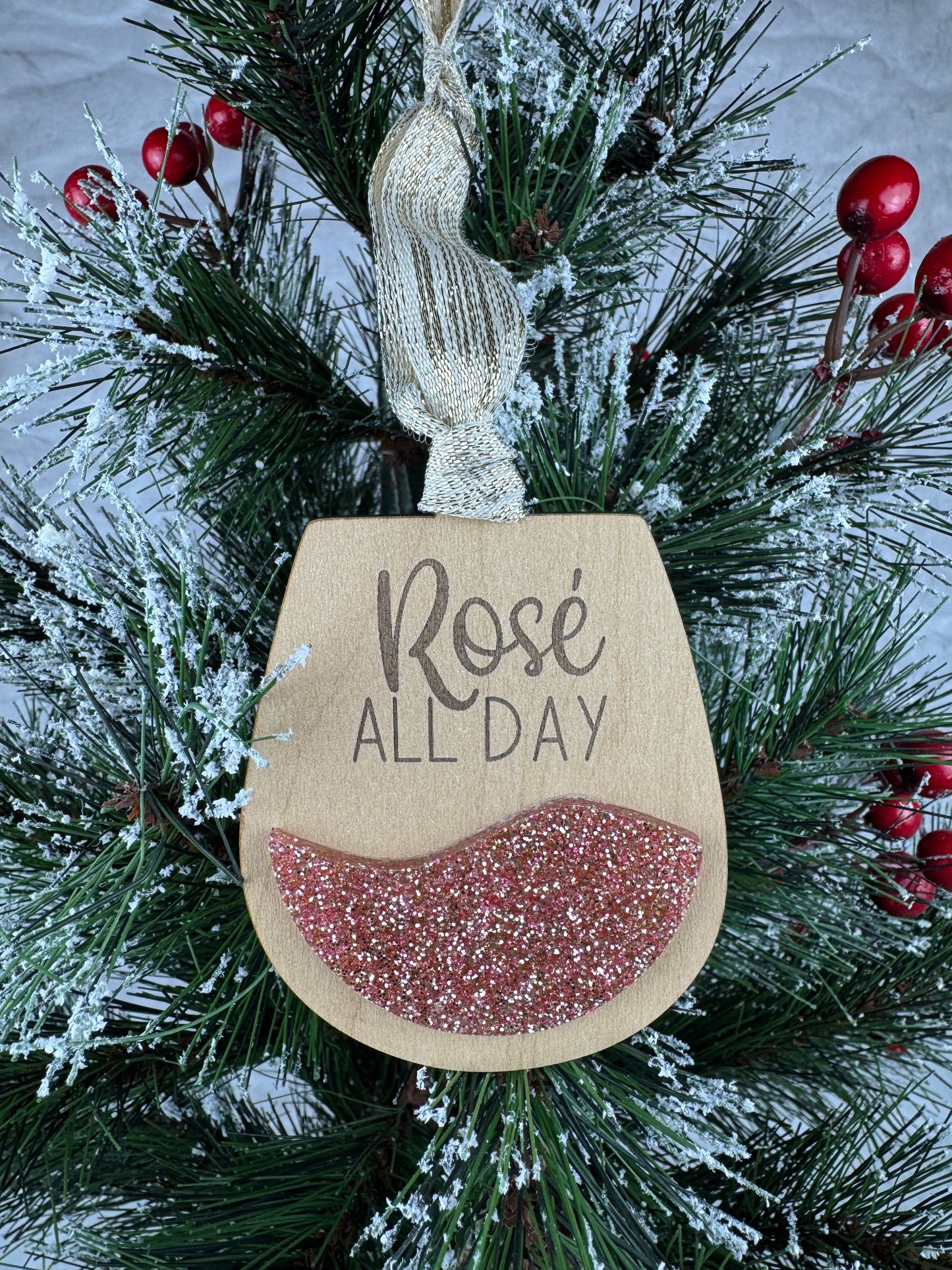 Ornament with 'Rosé All Day' and glitter design
