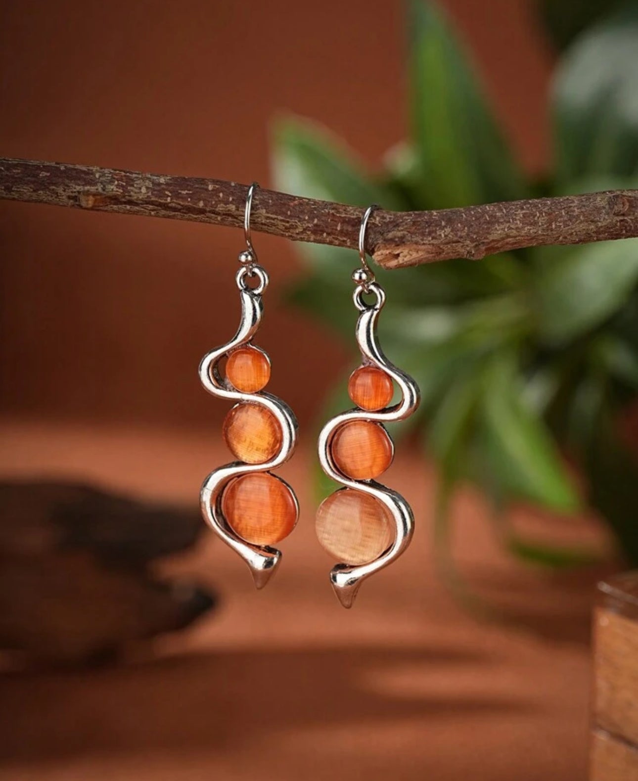 Silver Drop Earrings with Orange Stone