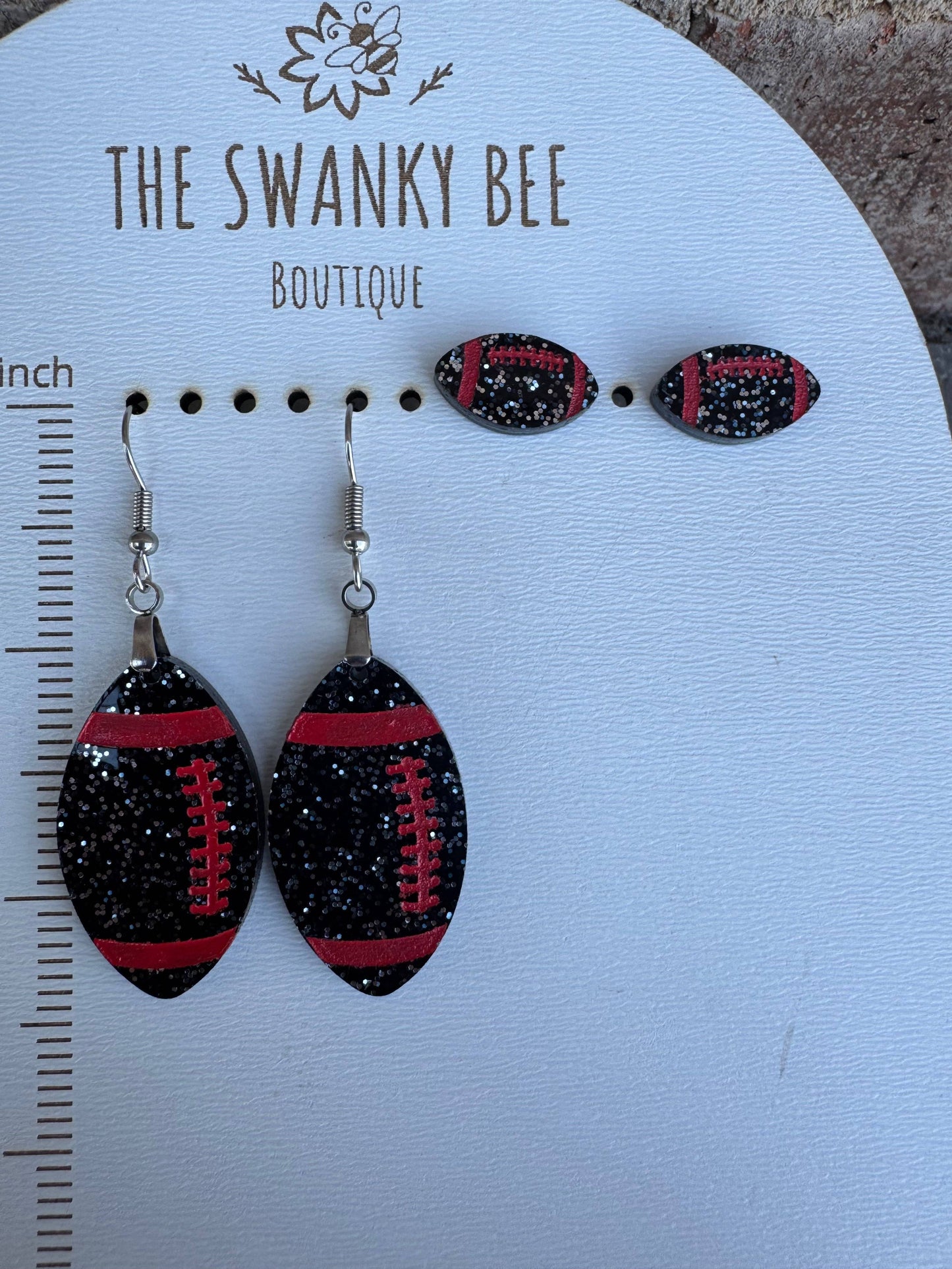 Black Glitter Football Earrings with Red Stripes – Stud or Dangle