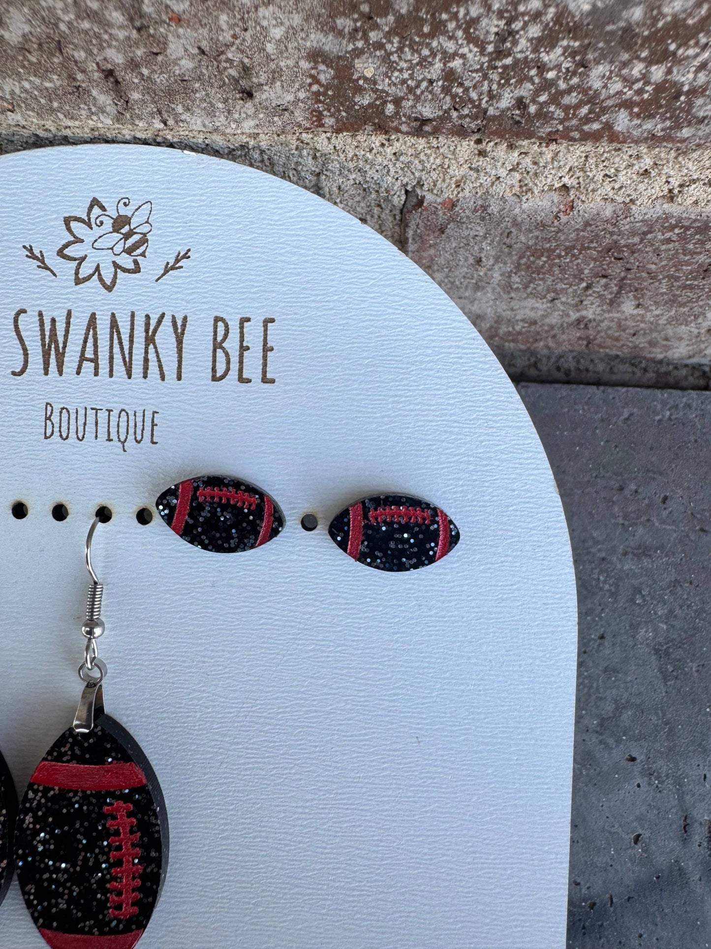 Black Glitter Football Earrings with Red Stripes – Stud or Dangle