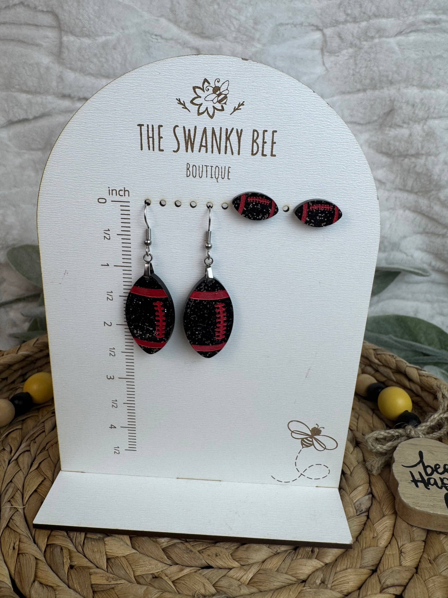 Black Glitter Football Earrings with Red Stripes – Stud or Dangle