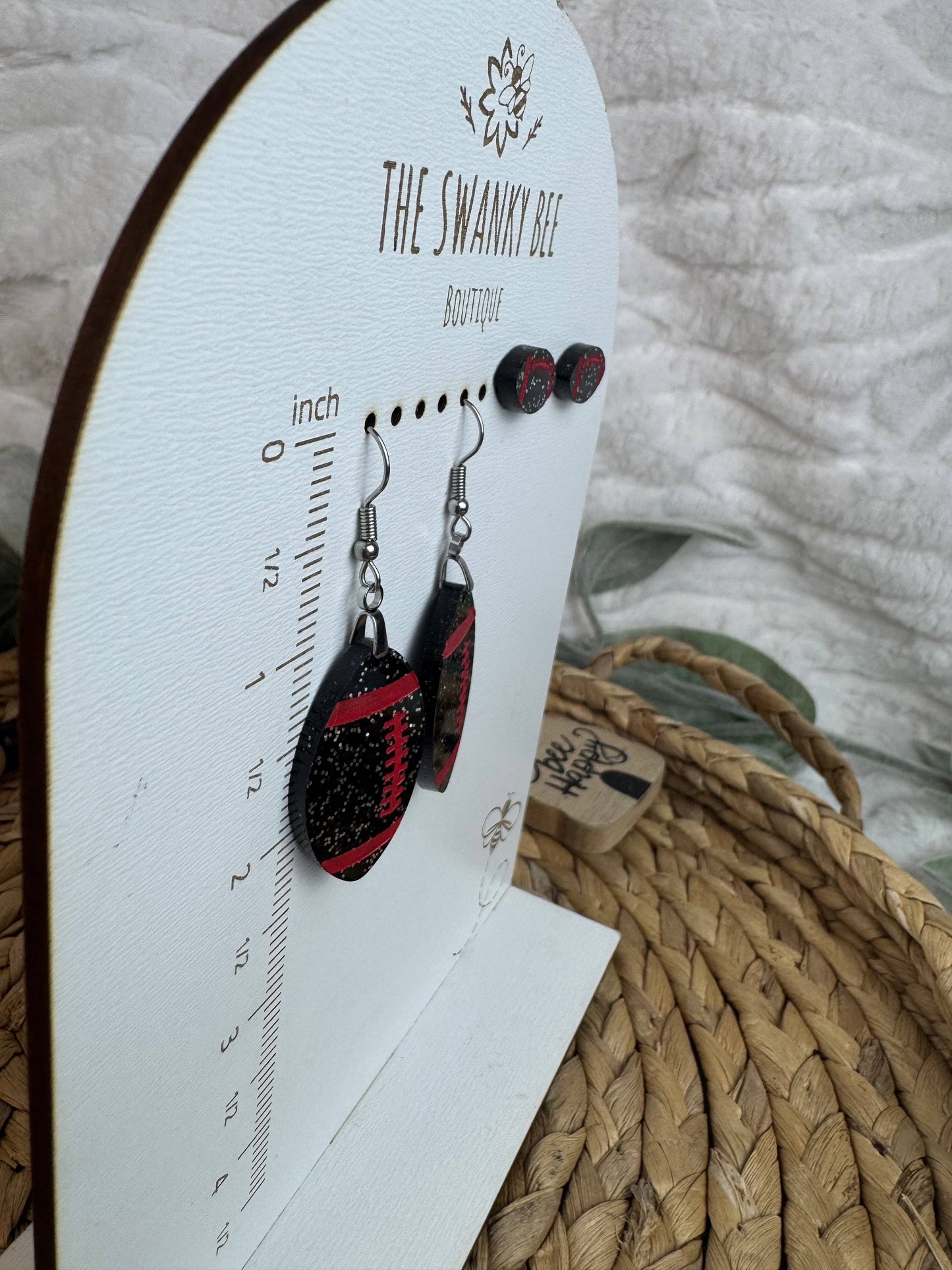Black Glitter Football Earrings with Red Stripes – Stud or Dangle