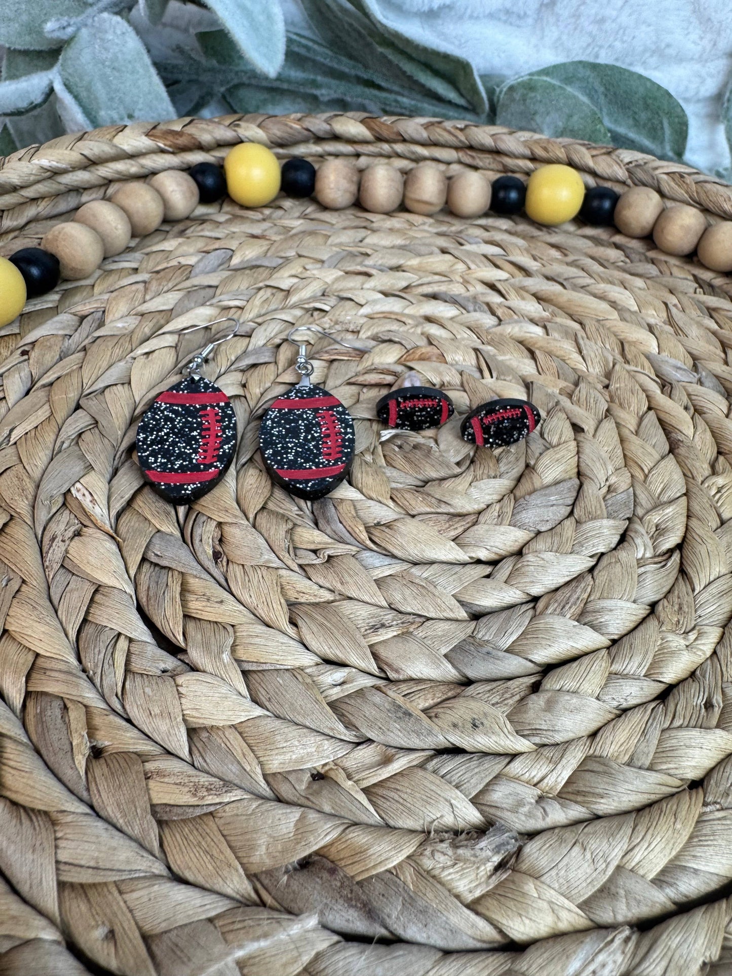 Black Glitter Football Earrings with Red Stripes – Stud or Dangle