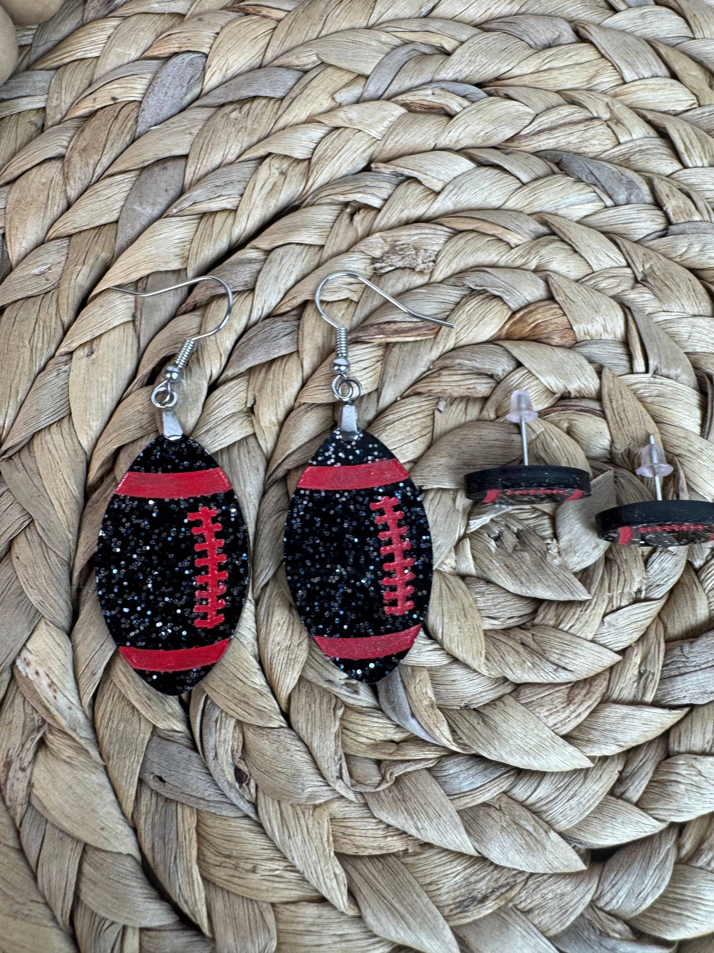 Black Glitter Football Earrings with Red Stripes – Stud or Dangle