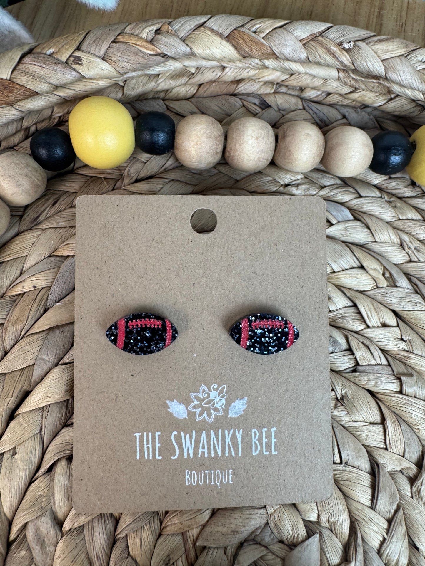 Black Glitter Football Earrings with Red Stripes – Stud or Dangle