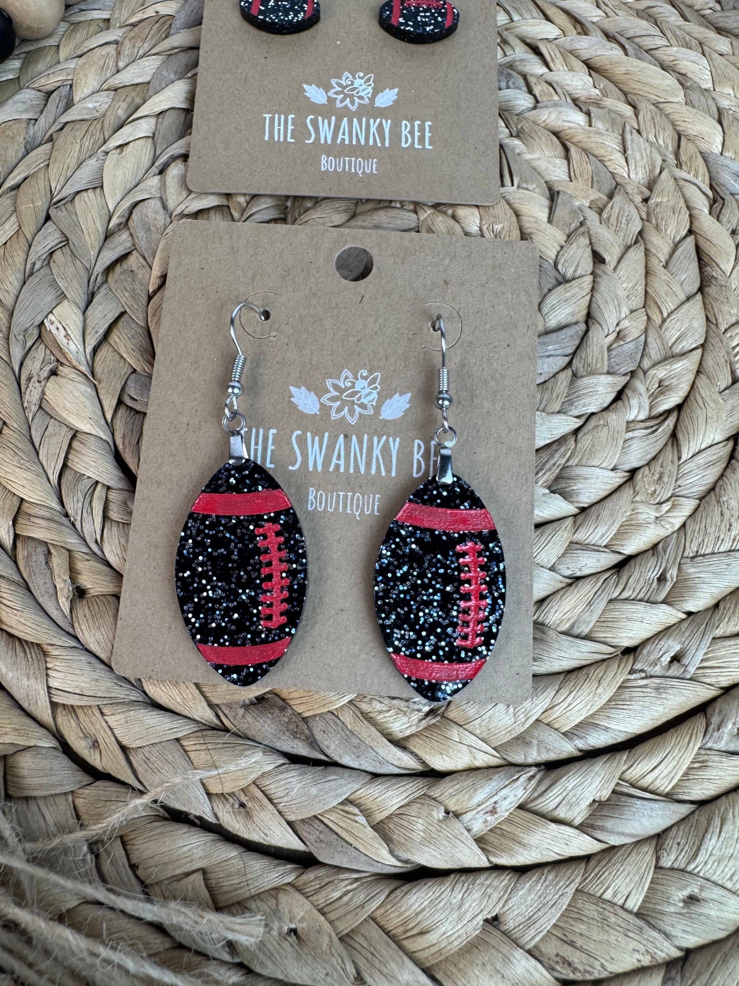 Black Glitter Football Earrings with Red Stripes – Stud or Dangle
