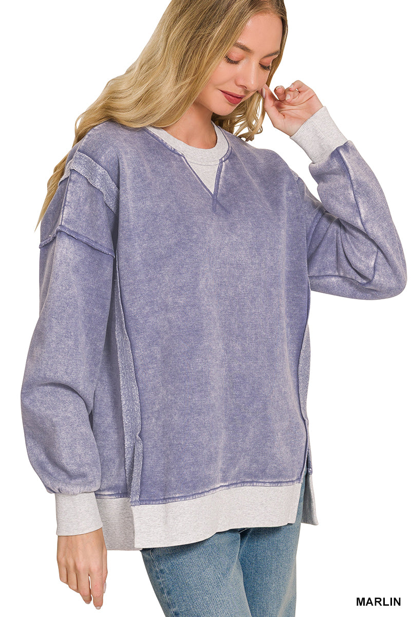 Acid Washed Contrast Trim Fleece Pullover