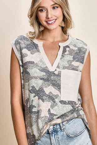 Camo Sleeveless Henley V-Neck - The Swanky Bee