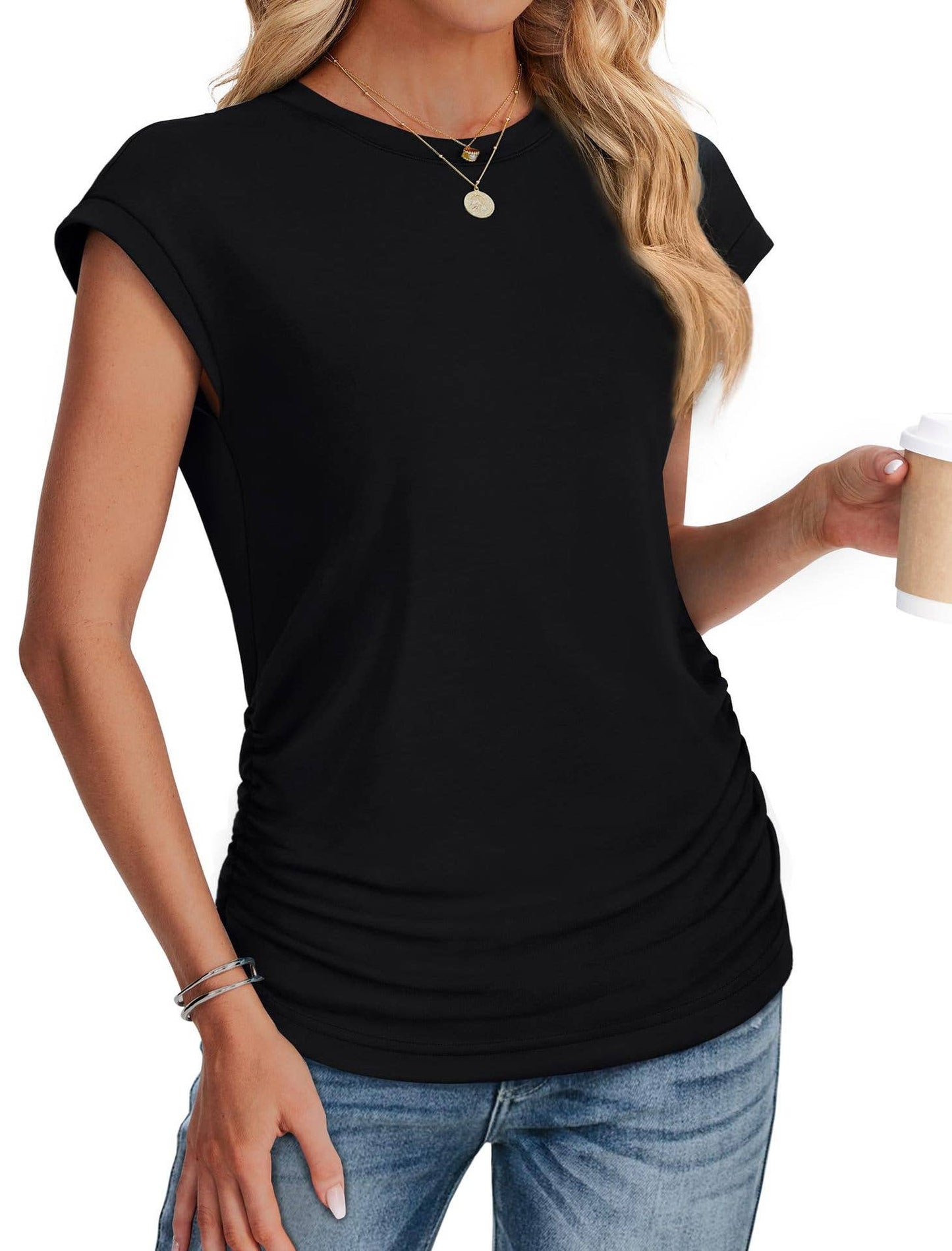 Black solid color round neck basic T-shirt with side ruching, styled casually with jeans. Offered in sizes S to XXL.