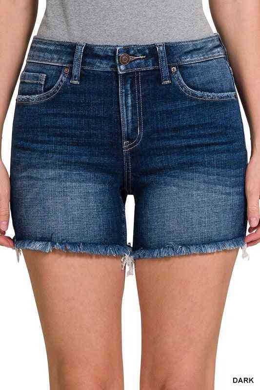 Dark Frayed Hem Denim Shorts - The Swanky Bee