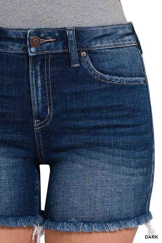 Dark Frayed Hem Denim Shorts - The Swanky Bee