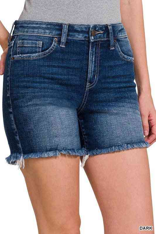 Dark Frayed Hem Denim Shorts - The Swanky Bee