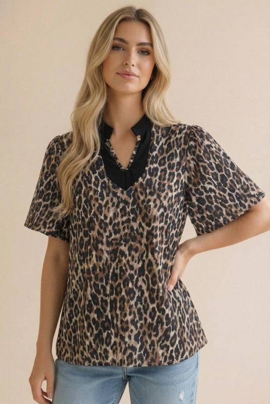 Leopard Print Blouse with Color Block Flutter Sleeves