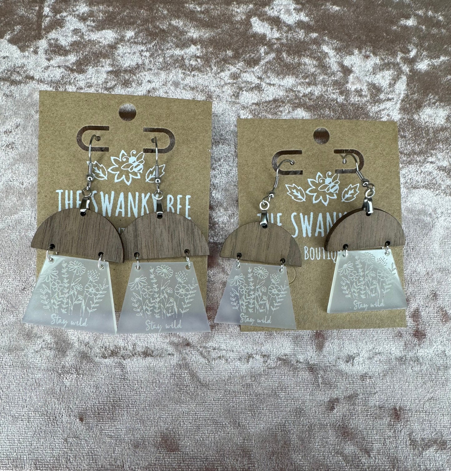 Floral Acrylic Walnut Earrings: Engraved Wildflower Boho Chic