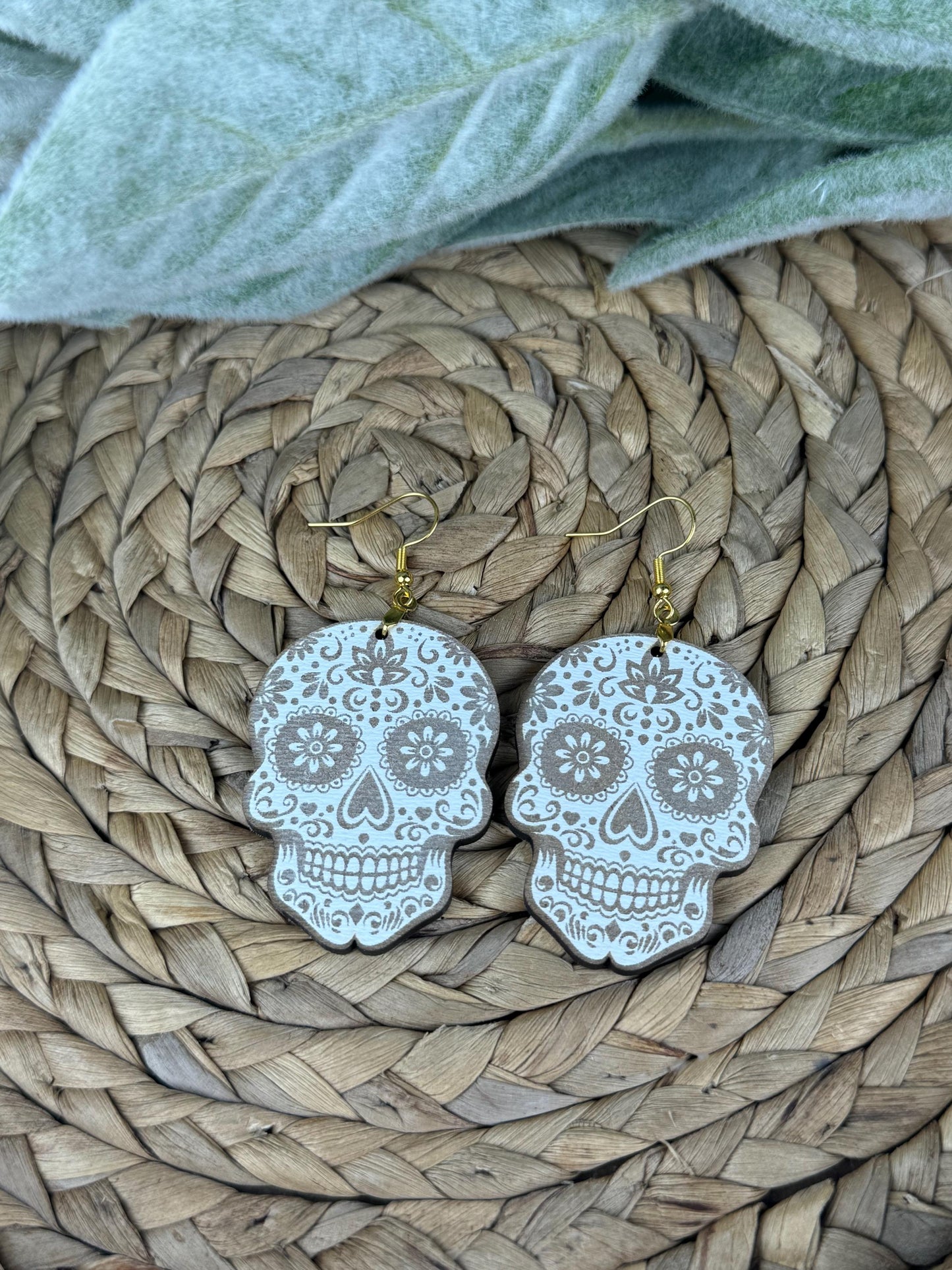 Wood Sugar Skull Dangle Earrings, Day of the Dead, Halloween
