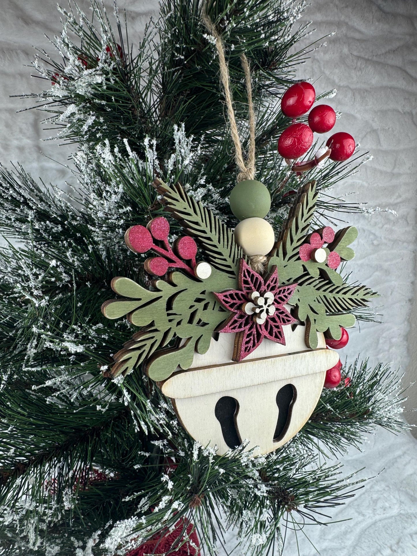 Handcrafted Wooden Bell Ornament, Snowflake and Floral Design, Rustic Holiday Decor, Christmas Bell