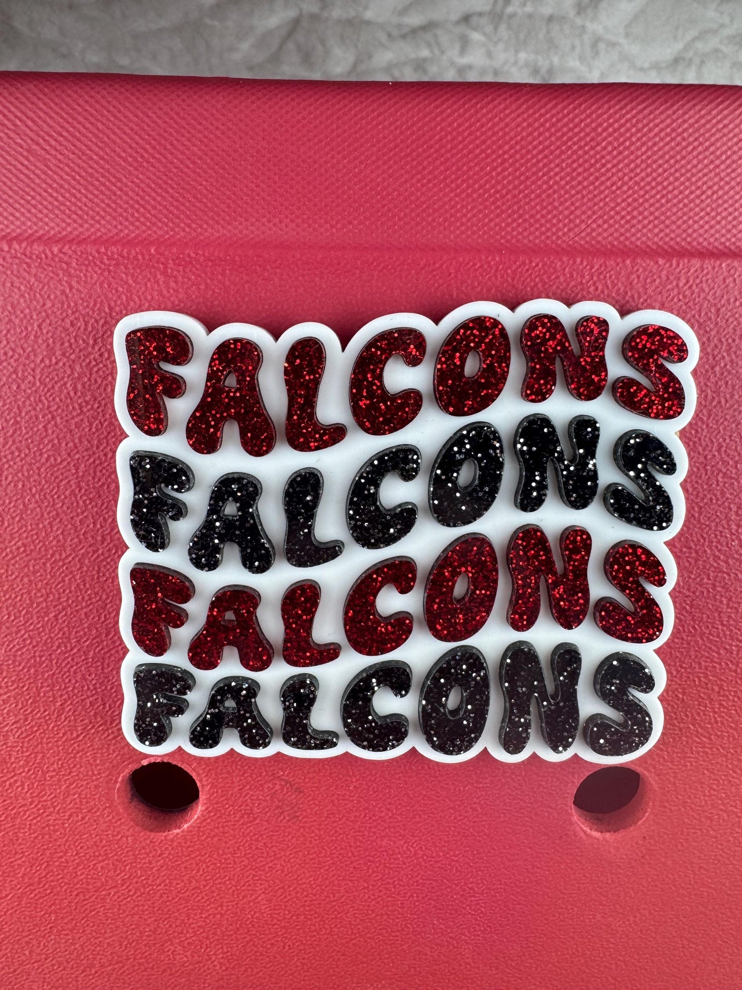 Falcons Glitter Bogg Bag Charm: Red and Black Football Decoration